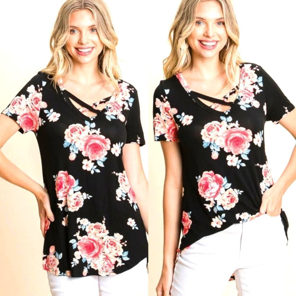 Black Criss Cross Floral Top